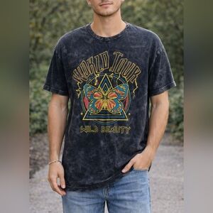 Caution to the Wind Wild Beauty Graphic Tee Black Acid Wash T-Shirt Size M/L